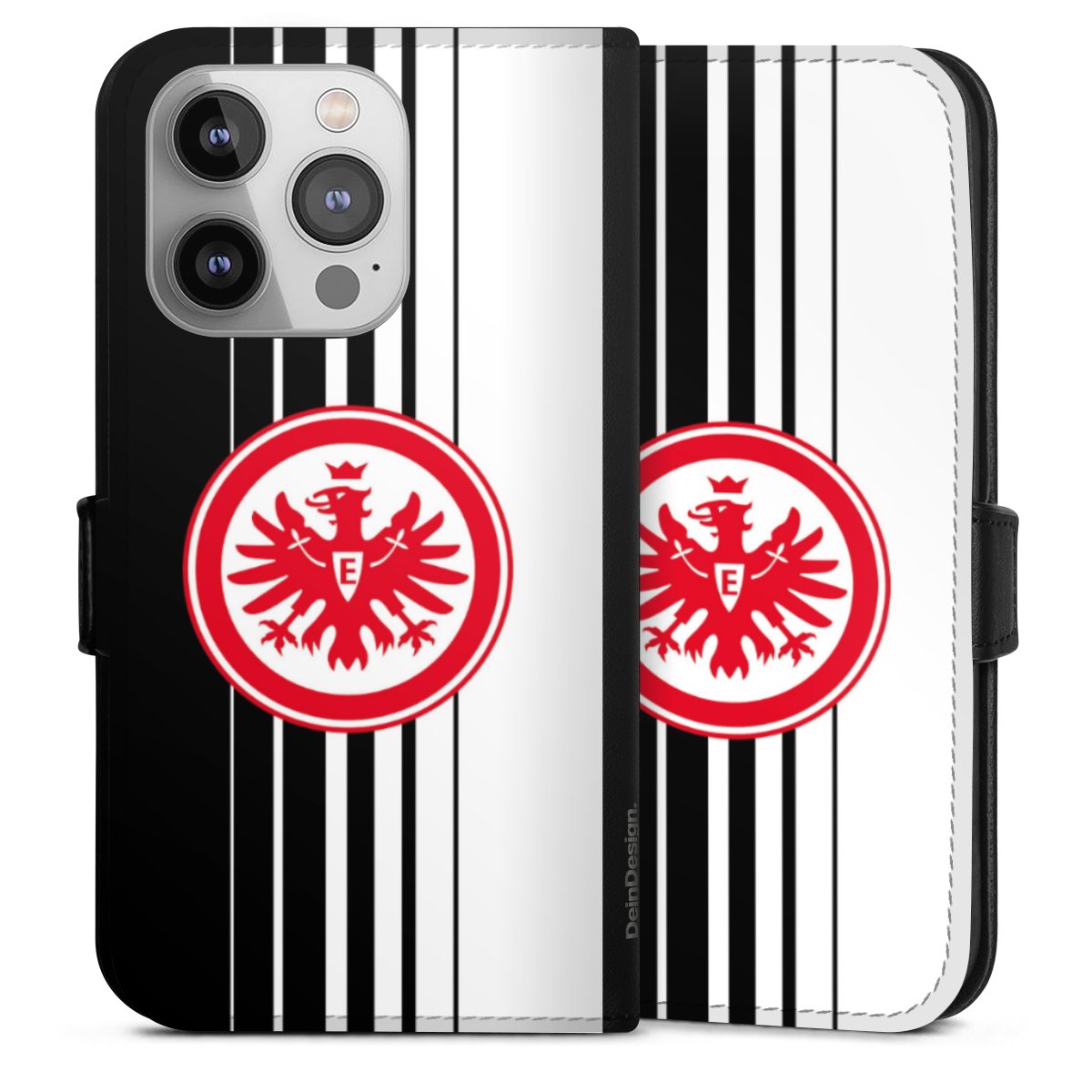 iPhone 14 Pro Handy Klapphülle Handyhülle aus Kunst Leder schwarz Flip Case Stripes Eintracht Frankfurt Official Licensed Product Sideflip mit Lasche