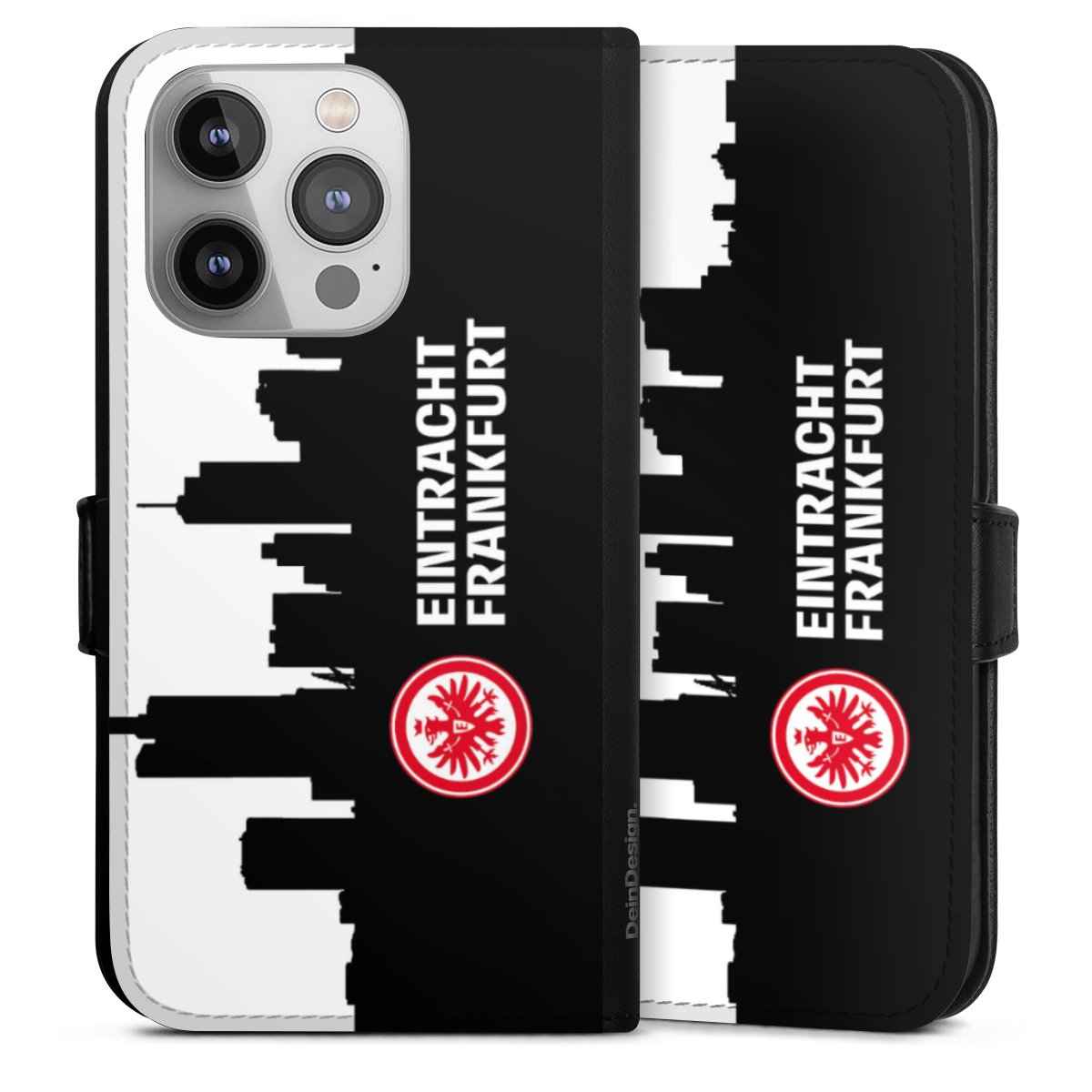 iPhone 14 Pro Handy Klapphülle Handyhülle aus Kunst Leder schwarz Flip Case Sge Eintracht Frankfurt Official Licensed Product Sideflip mit Lasche