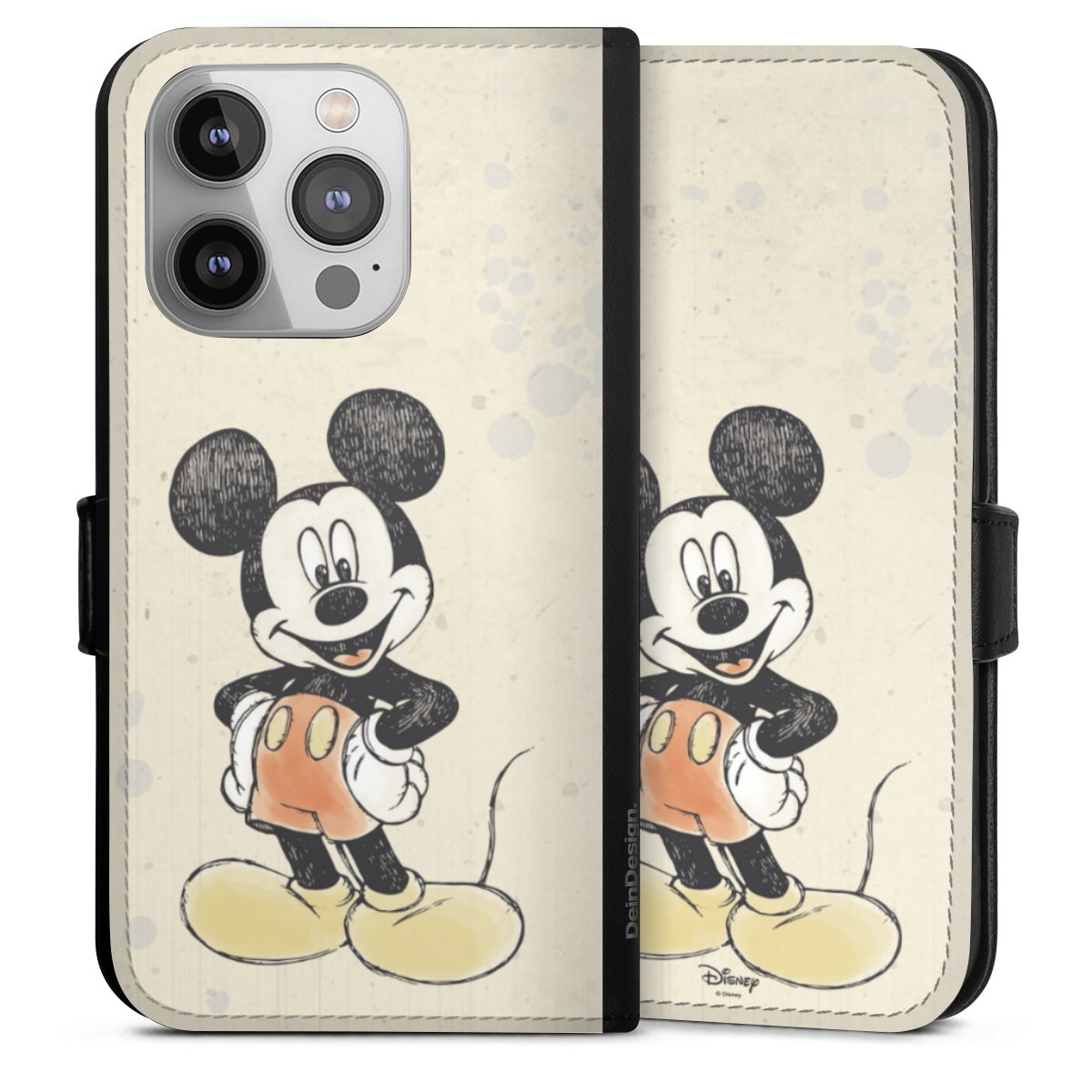 iPhone 14 Pro Handy Klapphülle Handyhülle aus Kunst Leder schwarz Flip Case Water Colour Mickey & Minnie Mouse Official Licensed Product Sideflip mit Lasche