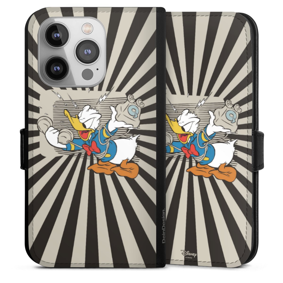 iPhone 14 Pro Handy Klapphülle Handyhülle aus Kunst Leder schwarz Flip Case Donald Duck Disney Official Licensed Product Sideflip mit Lasche