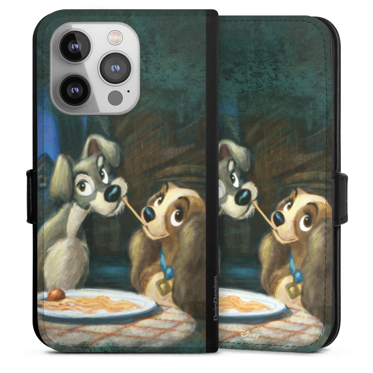 iPhone 14 Pro Handy Klapphülle Handyhülle aus Kunst Leder schwarz Flip Case Lady And The Tramp Official Licensed Product Disney Sideflip mit Lasche