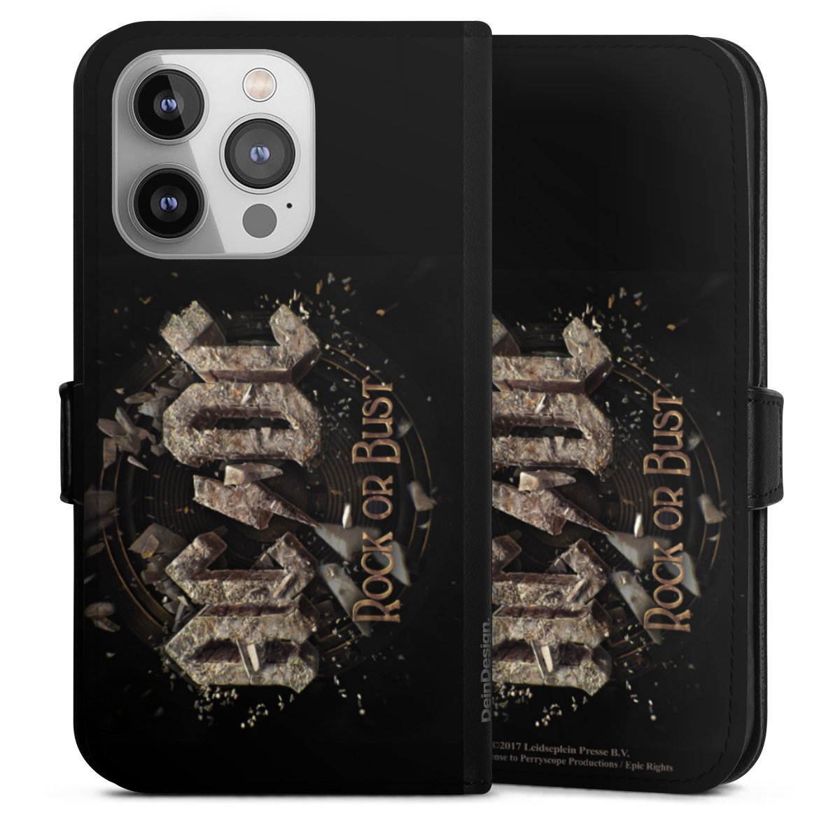 iPhone 14 Pro Handy Klapphülle Handyhülle aus Kunst Leder schwarz Flip Case Acdc Official Licensed Product Rock Or Bust Sideflip mit Lasche