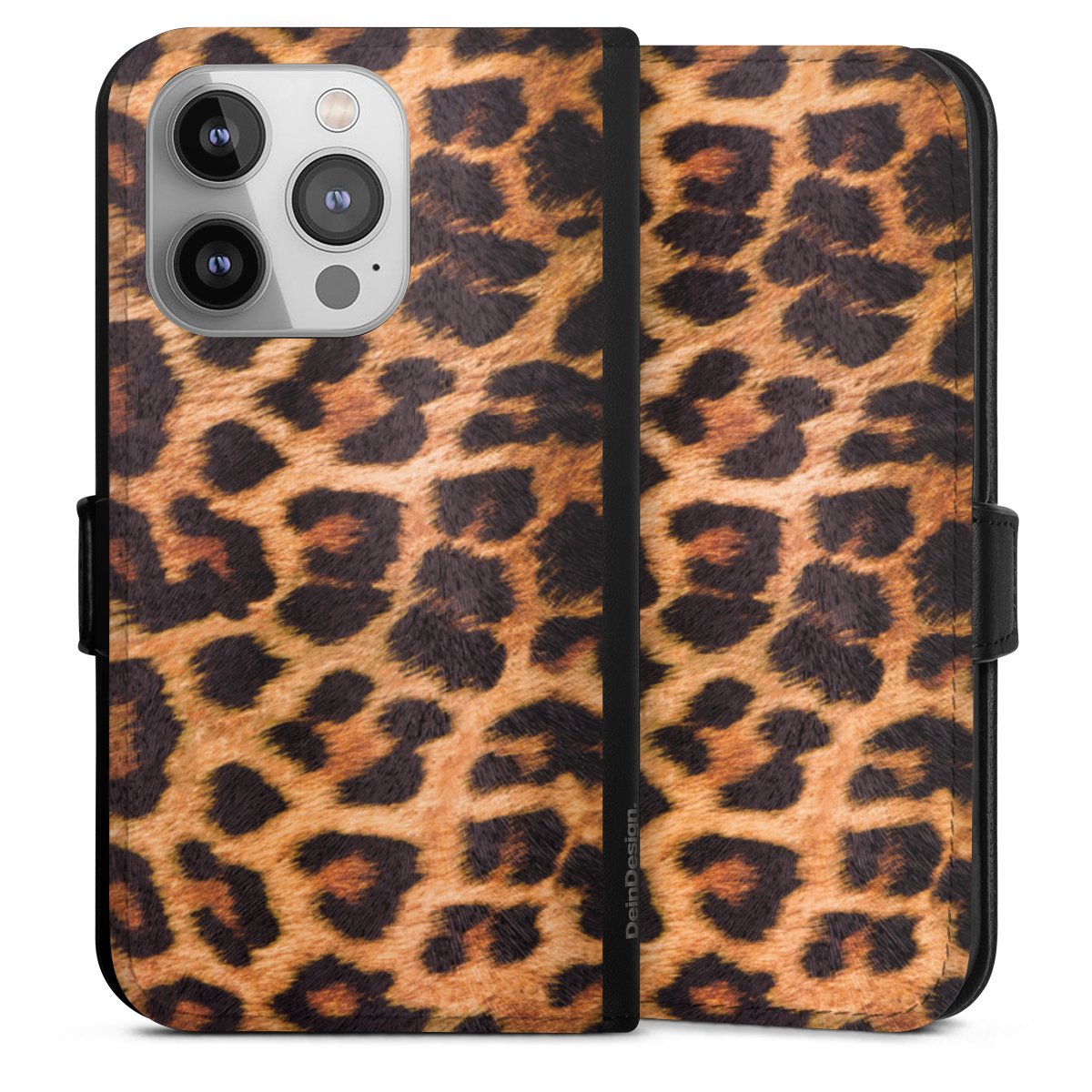 iPhone 14 Pro Handy Klapphülle Handyhülle aus Kunst Leder schwarz Flip Case Animal Print Leopard Fur Sideflip mit Lasche