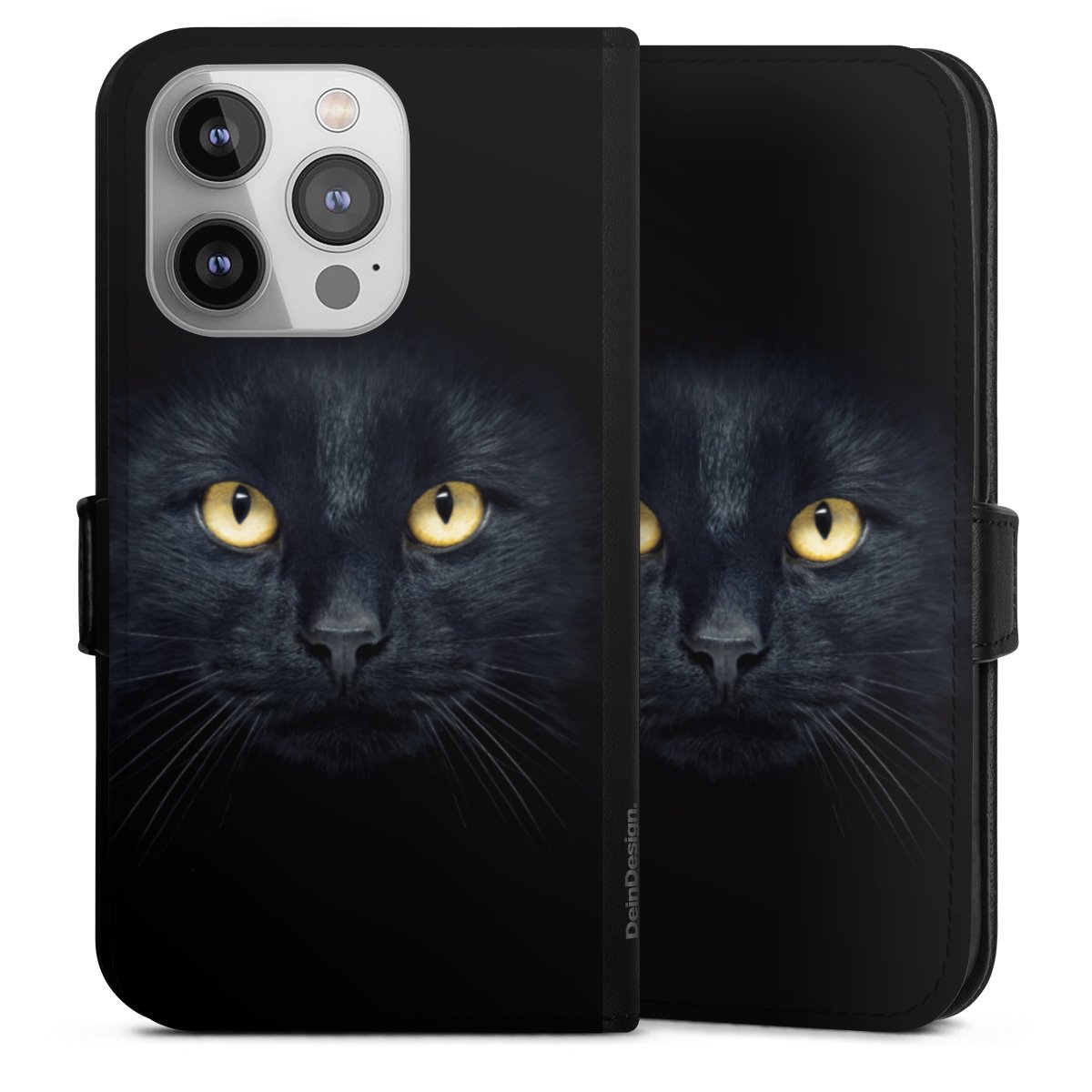 iPhone 14 Pro Handy Klapphülle Handyhülle aus Kunst Leder schwarz Flip Case Eye Cat Black Sideflip mit Lasche