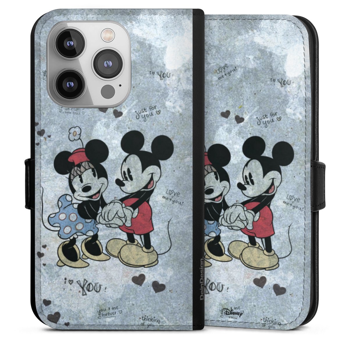 iPhone 14 Pro Handy Klapphülle Handyhülle aus Kunst Leder schwarz Flip Case Mickey & Minnie Mouse Vintage Disney Sideflip mit Lasche