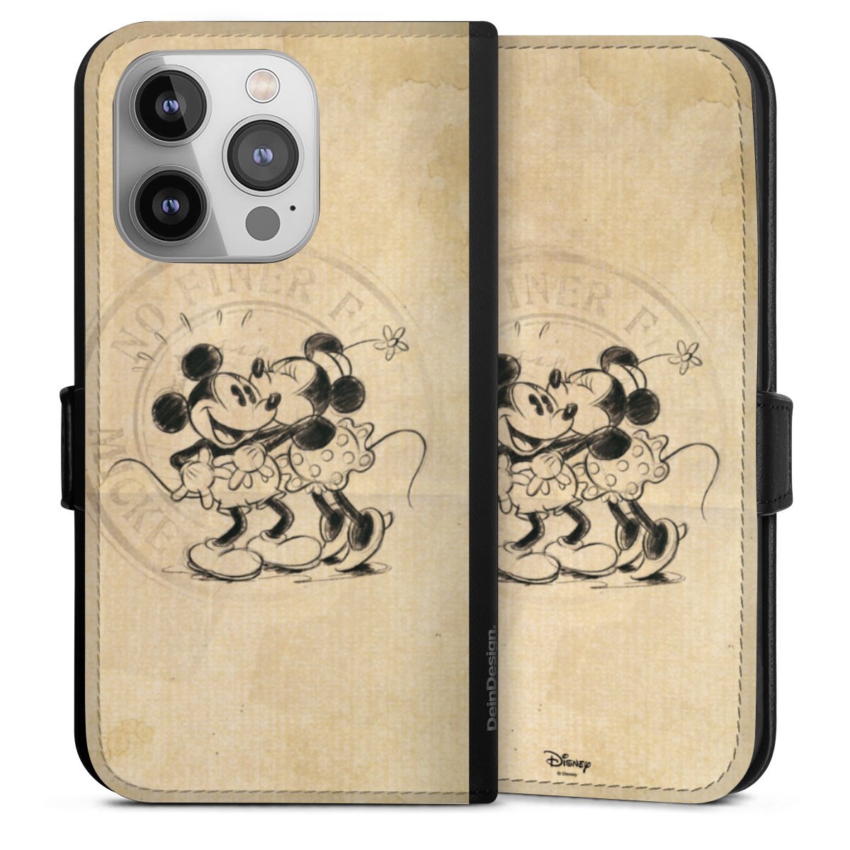 iPhone 14 Pro Handy Klapphülle Handyhülle aus Kunst Leder schwarz Flip Case Mickey Mouse Vintage Minnie Mouse Sideflip mit Lasche