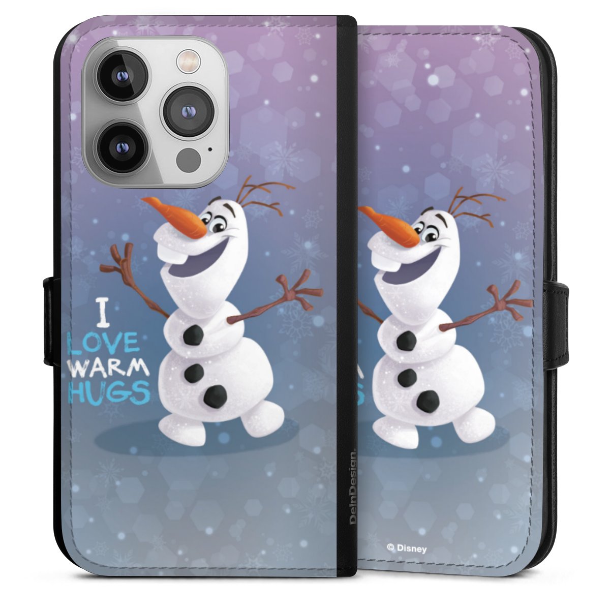 iPhone 14 Pro Handy Klapphülle Handyhülle aus Kunst Leder schwarz Flip Case Frozen Frozen Olaf Official Licensed Product Sideflip mit Lasche