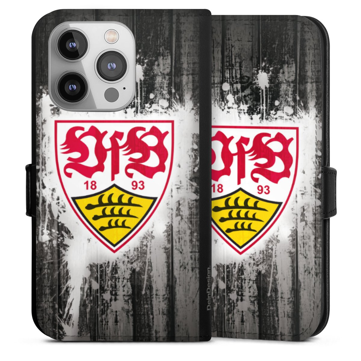 iPhone 14 Pro Handy Klapphülle Handyhülle aus Kunst Leder schwarz Flip Case Vfb Stuttgart Official Licensed Product Sideflip mit Lasche