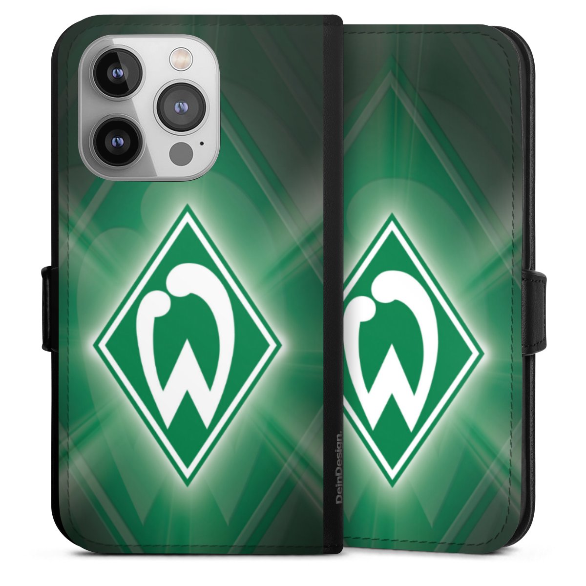 iPhone 14 Pro Handy Klapphülle Handyhülle aus Kunst Leder schwarz Flip Case Sv Werder Bremen Official Licensed Product Coat Of Arms Sideflip mit Lasche