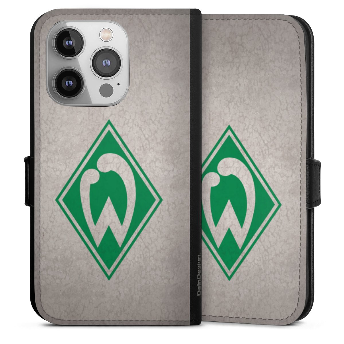 iPhone 14 Pro Handy Klapphülle Handyhülle aus Kunst Leder schwarz Flip Case Sv Werder Bremen Concrete Official Licensed Product Sideflip mit Lasche