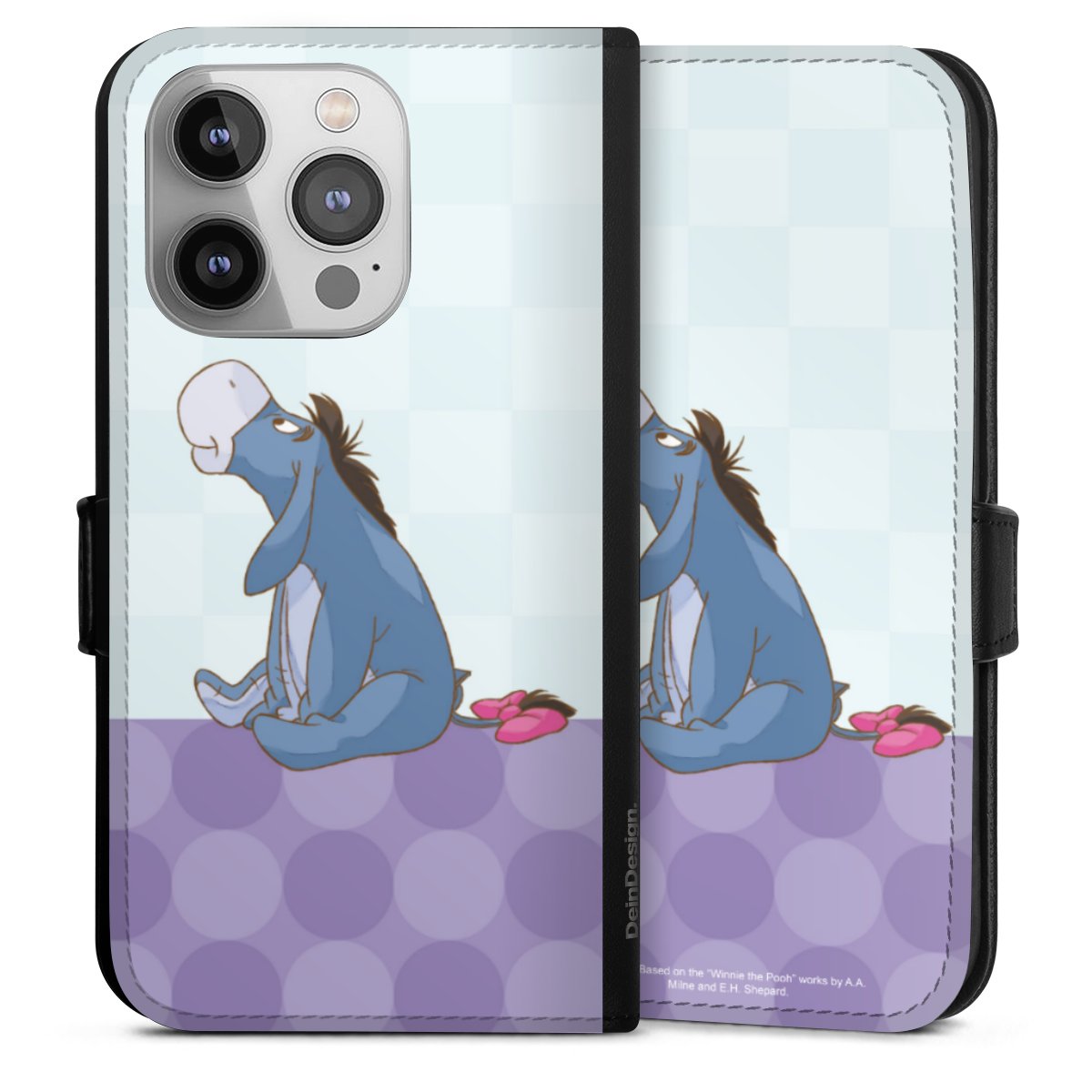 iPhone 14 Pro Handy Klapphülle Handyhülle aus Kunst Leder schwarz Flip Case Disney Donkey Winnie The Pooh Sideflip mit Lasche