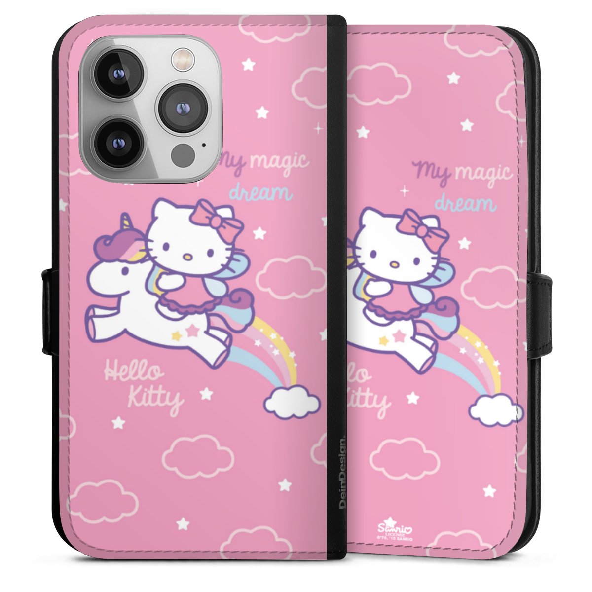 iPhone 14 Pro Handy Klapphülle Handyhülle aus Kunst Leder schwarz Flip Case Einhorn Official Licensed Product Hello Kitty Sideflip mit Lasche