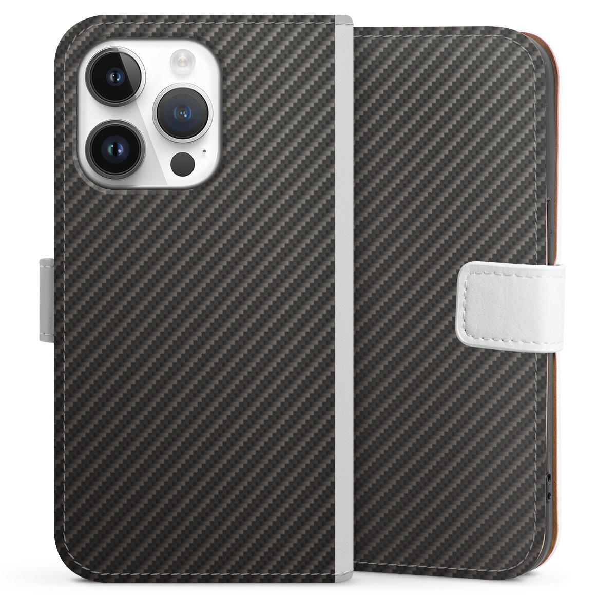 iPhone 14 Pro Handy Klapphülle Handyhülle aus Kunst Leder weiß Flip Case Metallic Look Carbon Muster Sideflip mit Lasche