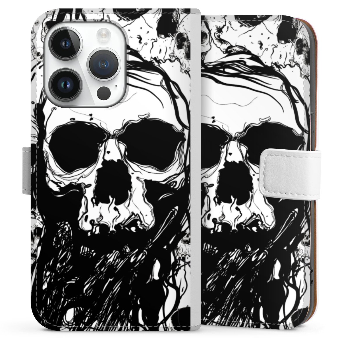 iPhone 14 Pro Handy Klapphülle Handyhülle aus Kunst Leder weiß Flip Case Totenkopf Halloween Sideflip mit Lasche