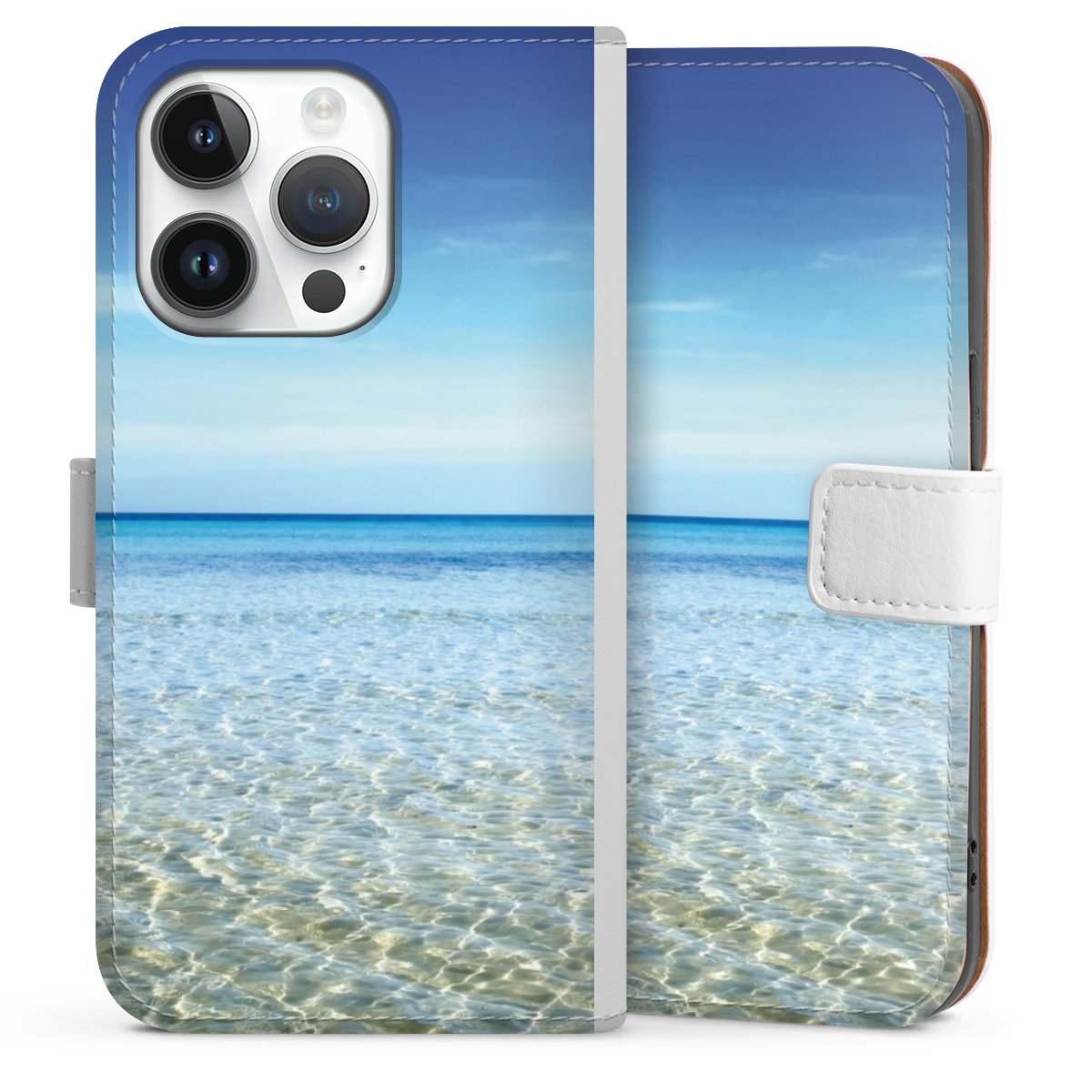 iPhone 14 Pro Handy Klapphülle Handyhülle aus Kunst Leder weiß Flip Case Urlaub Sky Ocean Sideflip mit Lasche