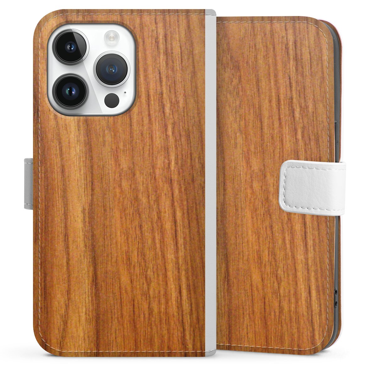 iPhone 14 Pro Handy Klapphülle Handyhülle aus Kunst Leder weiß Flip Case Wood Larch Wooden Look Sideflip mit Lasche