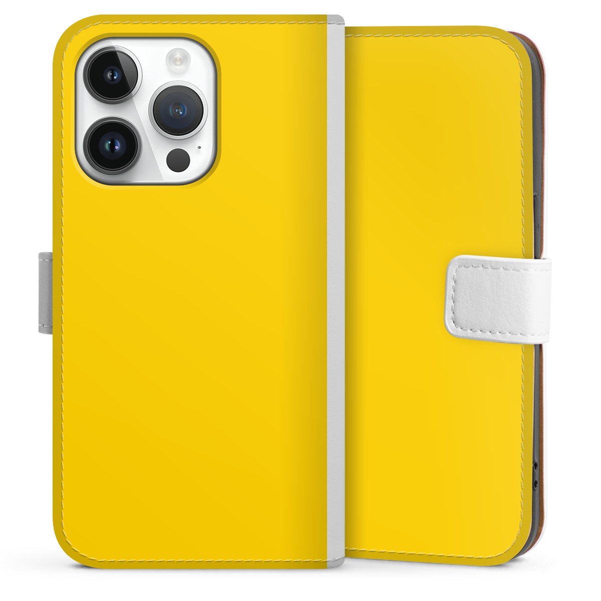 iPhone 14 Pro Handy Klapphülle Handyhülle aus Kunst Leder weiß Flip Case Yellow Unicoloured Colour Sideflip mit Lasche