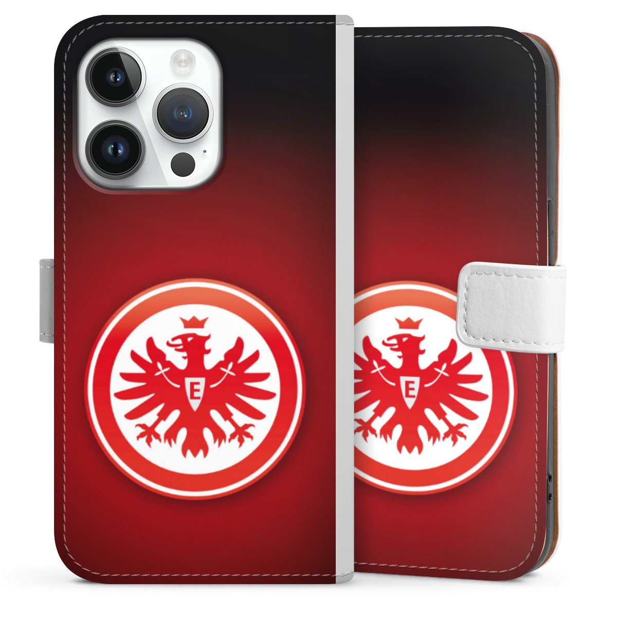 iPhone 14 Pro Handy Klapphülle Handyhülle aus Kunst Leder weiß Flip Case Eintracht Frankfurt Official Licensed Product Coat Of Arms Sideflip mit Lasche