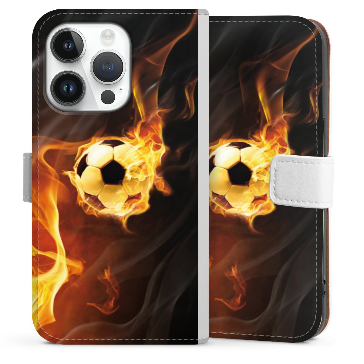 iPhone 14 Pro Handy Klapphülle Handyhülle aus Kunst Leder weiß Flip Case Ball Fire Soccer Sideflip mit Lasche