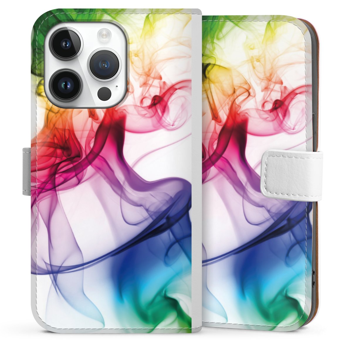 iPhone 14 Pro Handy Klapphülle Handyhülle aus Kunst Leder weiß Flip Case Water Colour Rainbow Sideflip mit Lasche