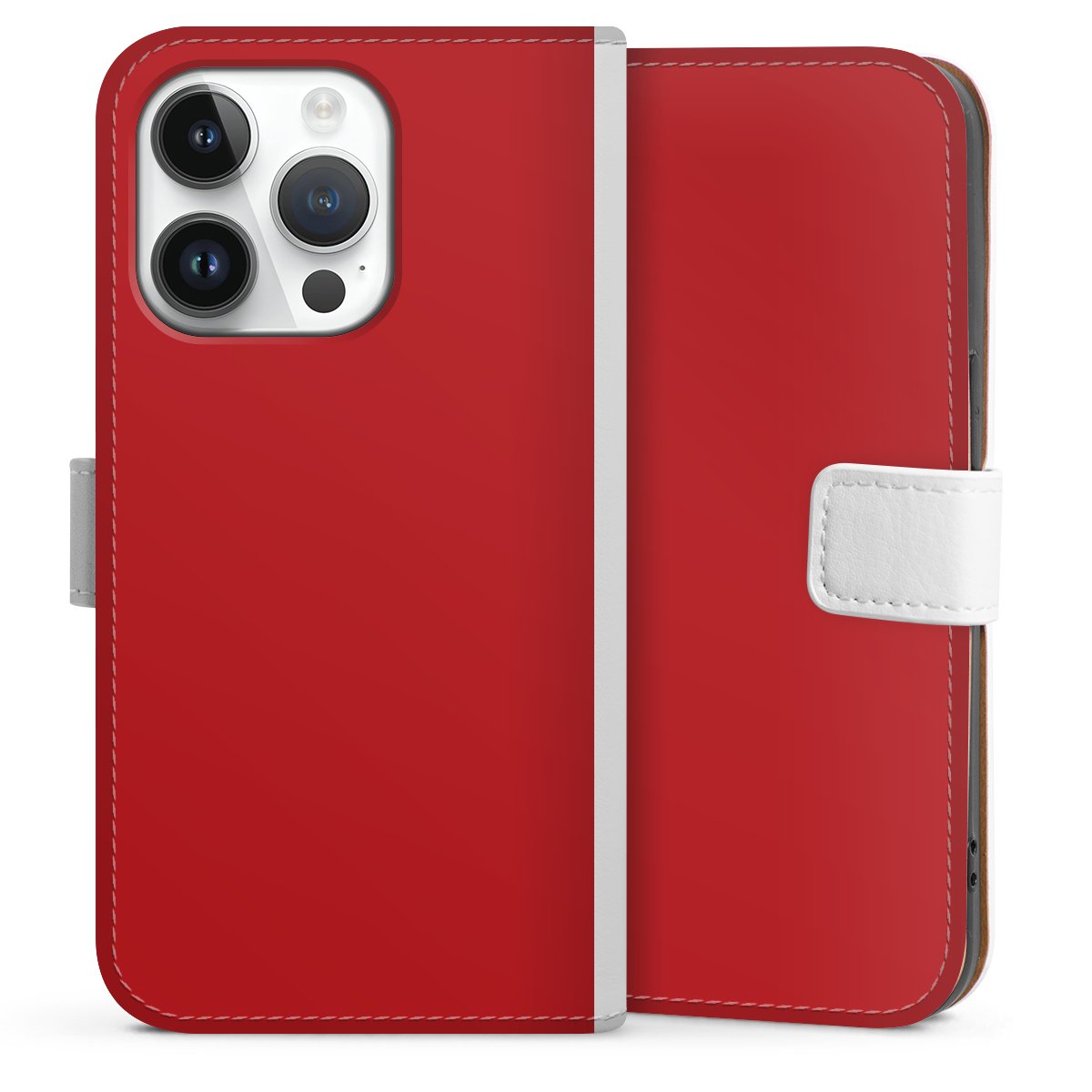 iPhone 14 Pro Handy Klapphülle Handyhülle aus Kunst Leder weiß Flip Case Colour Unicoloured Red Sideflip mit Lasche