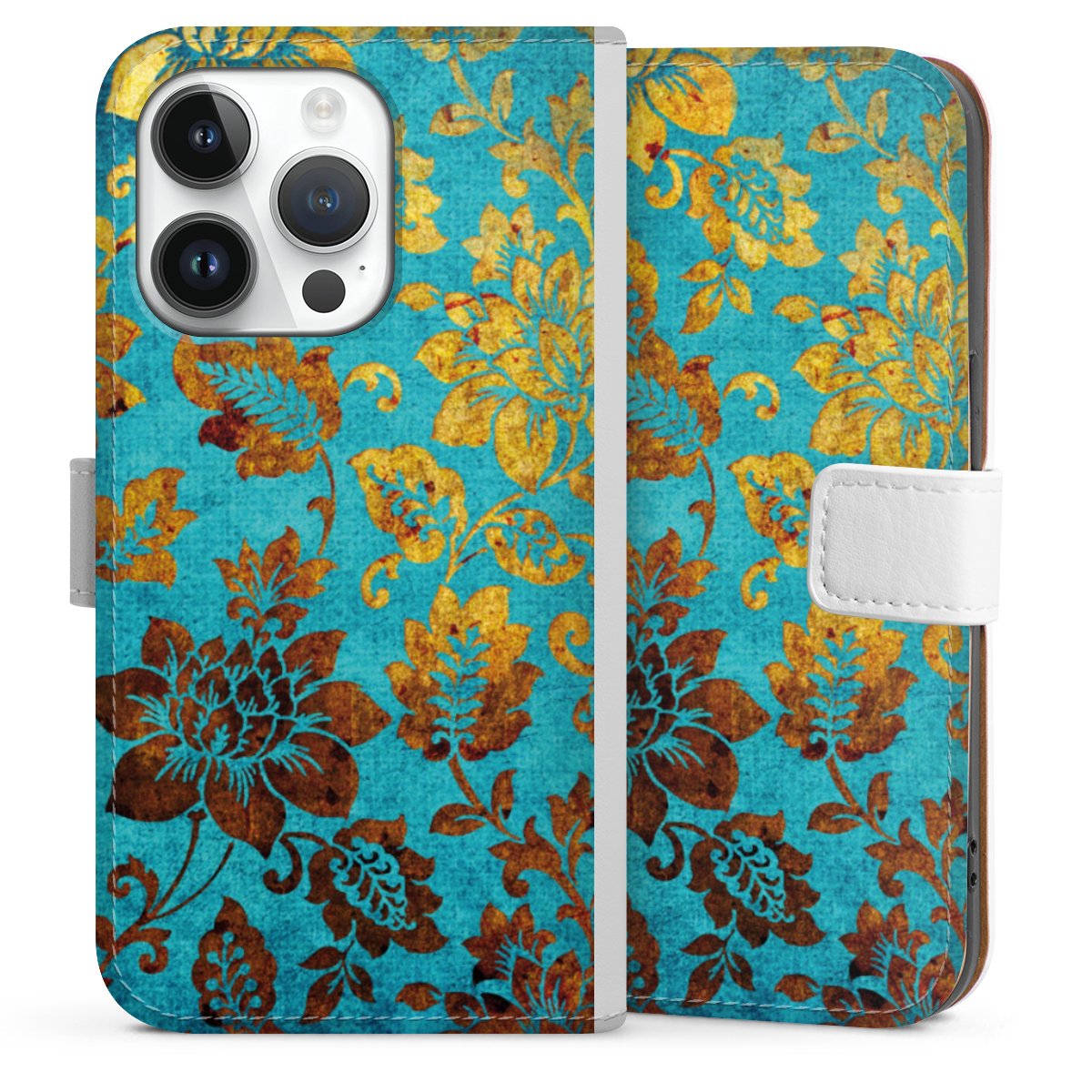 iPhone 14 Pro Handy Klapphülle Handyhülle aus Kunst Leder weiß Flip Case Ornament Vintage Flowers Sideflip mit Lasche