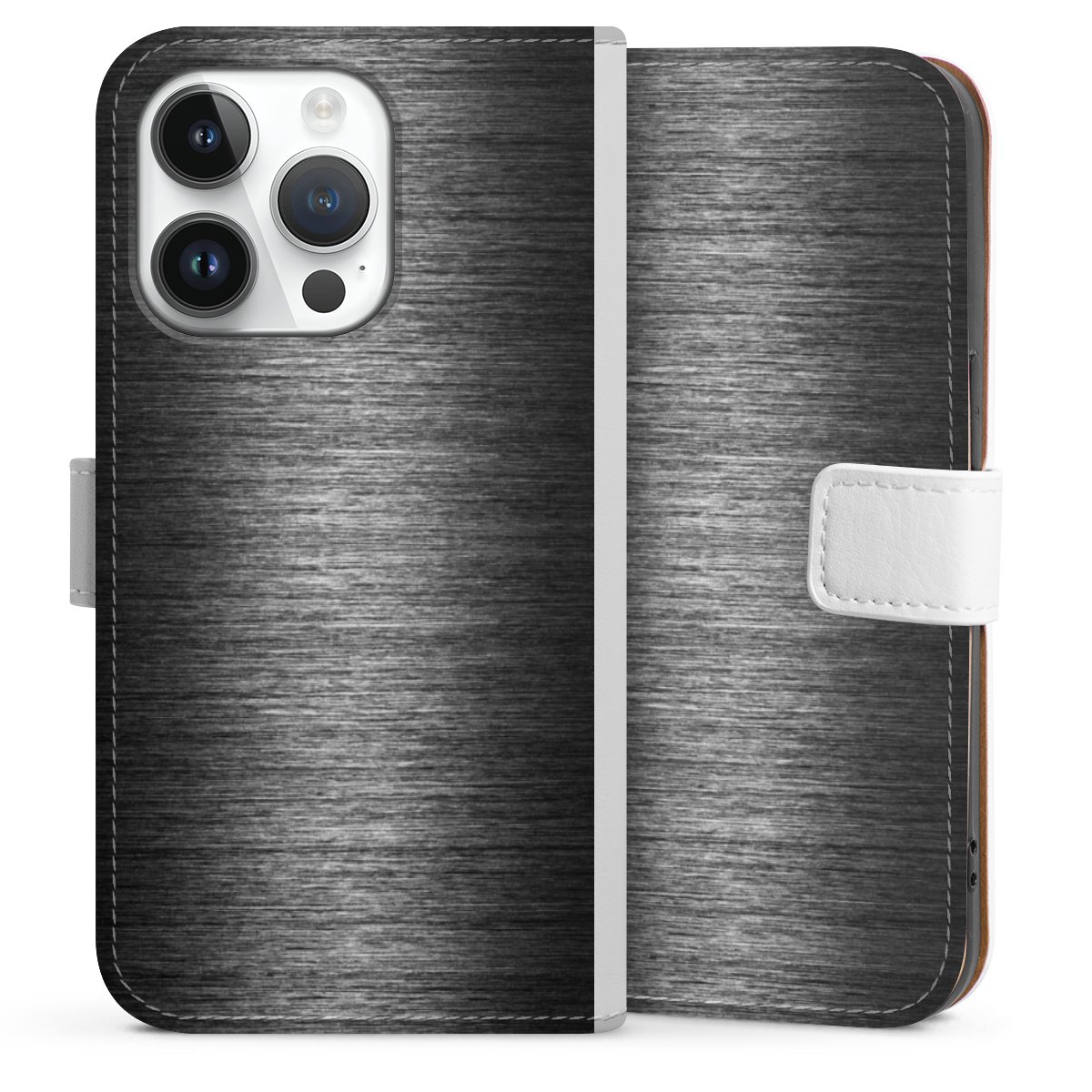 iPhone 14 Pro Handy Klapphülle Handyhülle aus Kunst Leder weiß Flip Case Metallic Look Anthracite Metal Sideflip mit Lasche