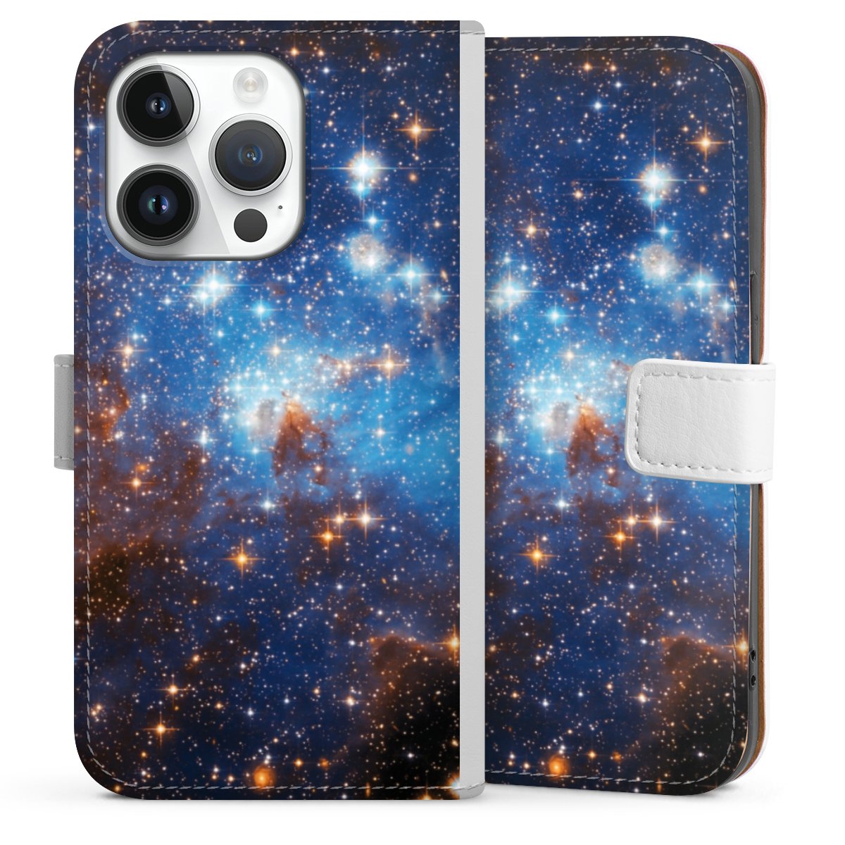 iPhone 14 Pro Handy Klapphülle Handyhülle aus Kunst Leder weiß Flip Case Star Weltall Galaxy Sideflip mit Lasche