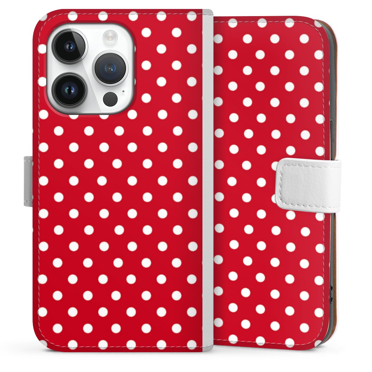 iPhone 14 Pro Handy Klapphülle Handyhülle aus Kunst Leder weiß Flip Case Points Polka Dots Retro Sideflip mit Lasche