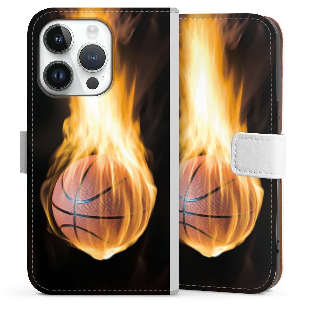 iPhone 14 Pro Handy Klapphülle Handyhülle aus Kunst Leder weiß Flip Case Basketball Sports Fire Sideflip mit Lasche