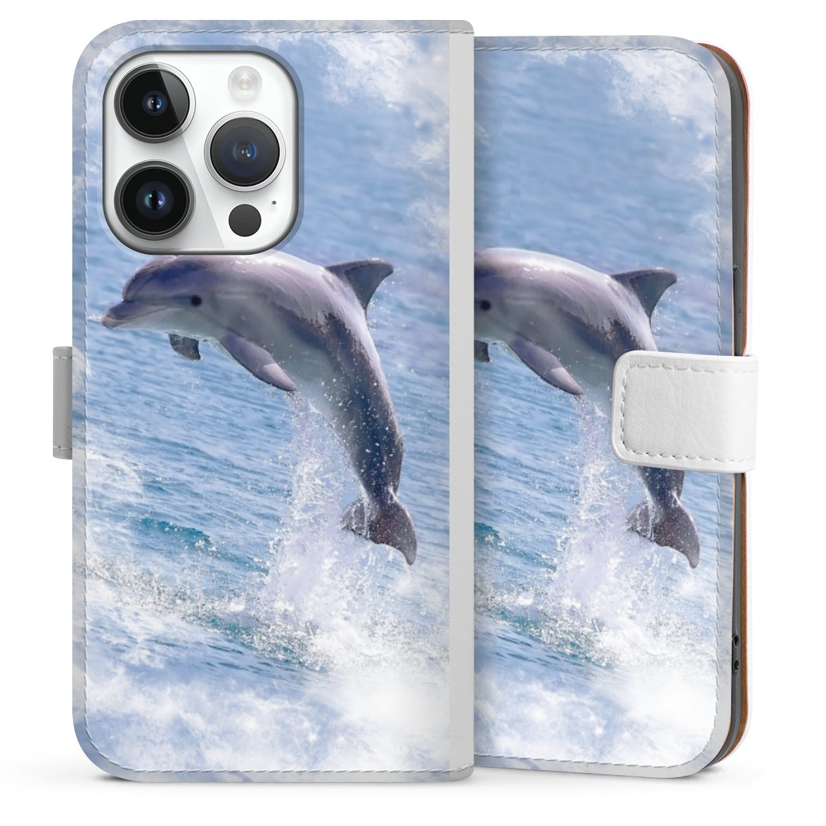 iPhone 14 Pro Handy Klapphülle Handyhülle aus Kunst Leder weiß Flip Case Dolphin Ocean Wale Sideflip mit Lasche