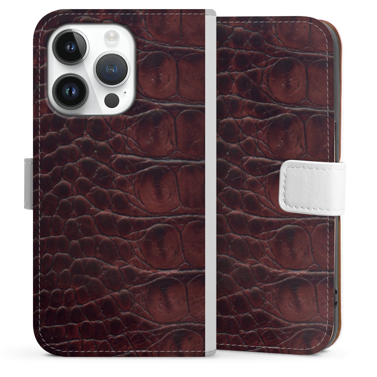 iPhone 14 Pro Handy Klapphülle Handyhülle aus Kunst Leder weiß Flip Case Crocodile Animal Print Leather Sideflip mit Lasche