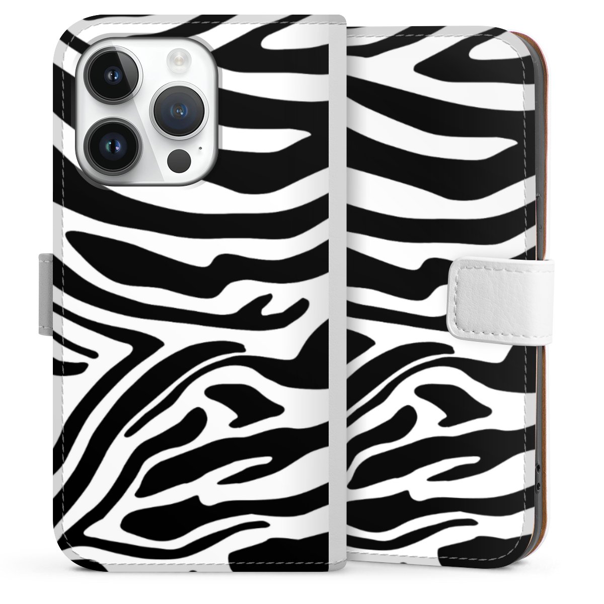 iPhone 14 Pro Handy Klapphülle Handyhülle aus Kunst Leder weiß Flip Case Zebra Animal Look Animal Print Sideflip mit Lasche