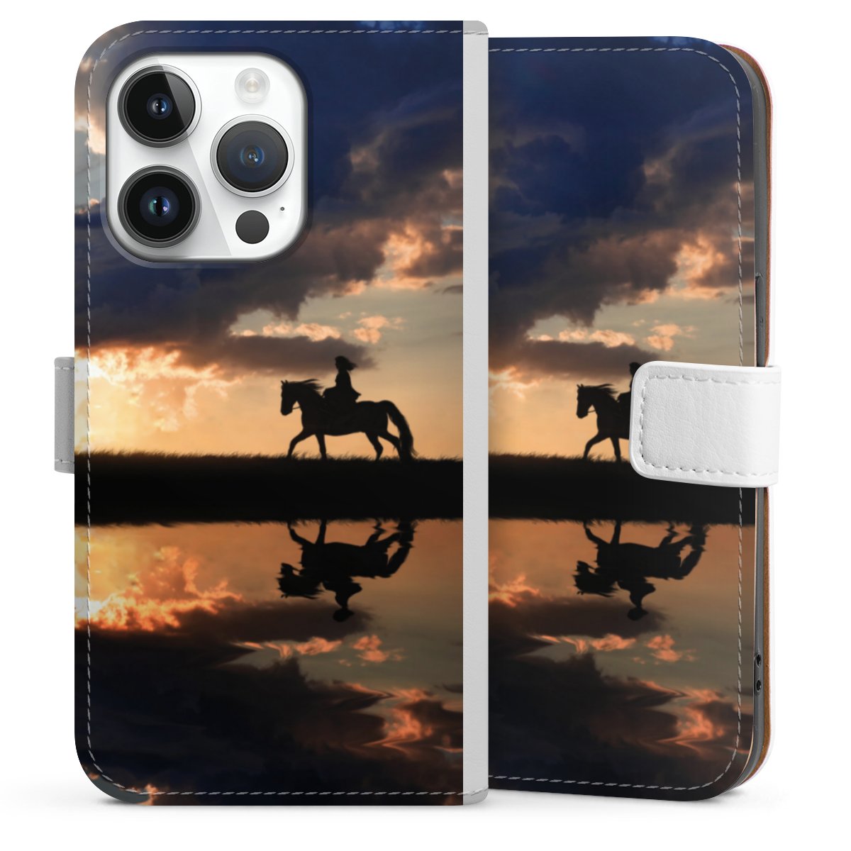 iPhone 14 Pro Handy Klapphülle Handyhülle aus Kunst Leder weiß Flip Case Horse Sunset Horseback Riding Sideflip mit Lasche