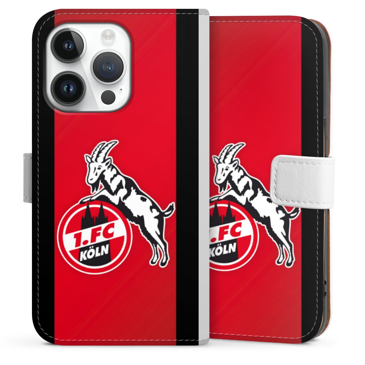 iPhone 14 Pro Handy Klapphülle Handyhülle aus Kunst Leder weiß Flip Case Official Licensed Product Billy Goat Hennes 1. Fc Köln Sideflip mit Lasche