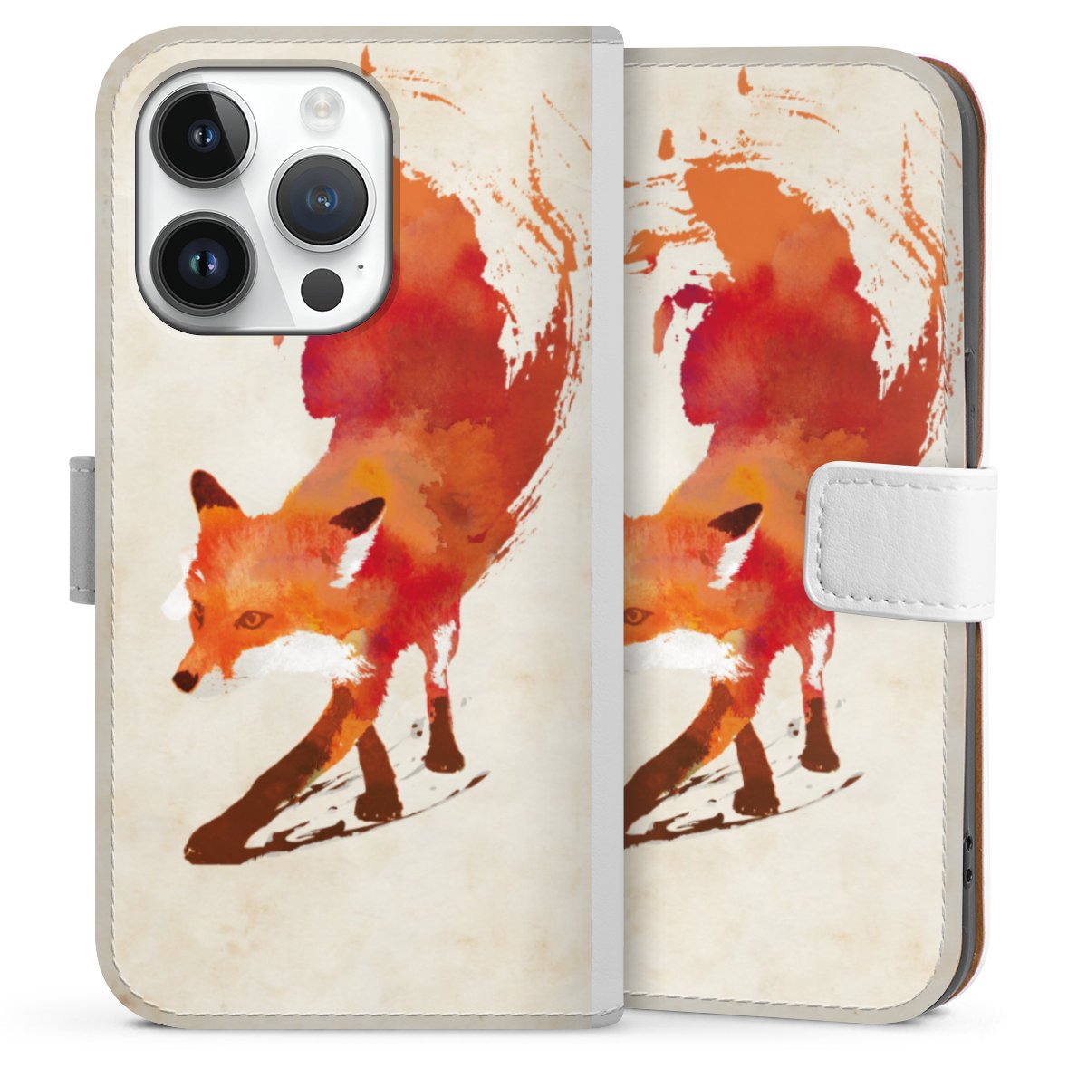 iPhone 14 Pro Handy Klapphülle Handyhülle aus Kunst Leder weiß Flip Case Fox Graphic Sideflip mit Lasche