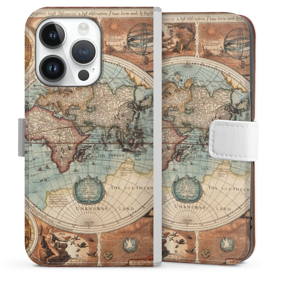 iPhone 14 Pro Handy Klapphülle Handyhülle aus Kunst Leder weiß Flip Case World Map Vintage Map Sideflip mit Lasche