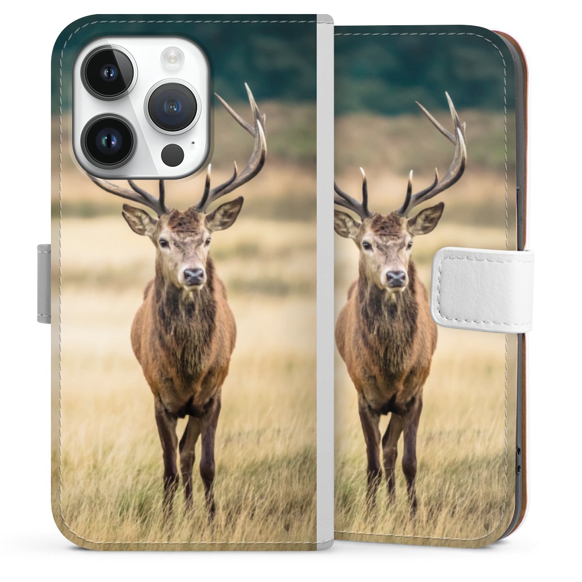 iPhone 14 Pro Handy Klapphülle Handyhülle aus Kunst Leder weiß Flip Case Deer Meadow Forrest Sideflip mit Lasche