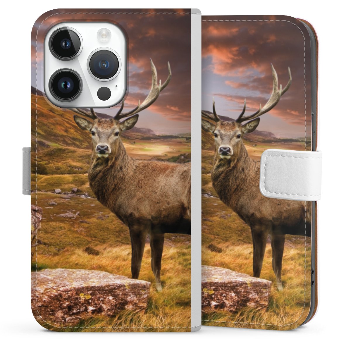 iPhone 14 Pro Handy Klapphülle Handyhülle aus Kunst Leder weiß Flip Case Meadow Mountain Deer Sideflip mit Lasche