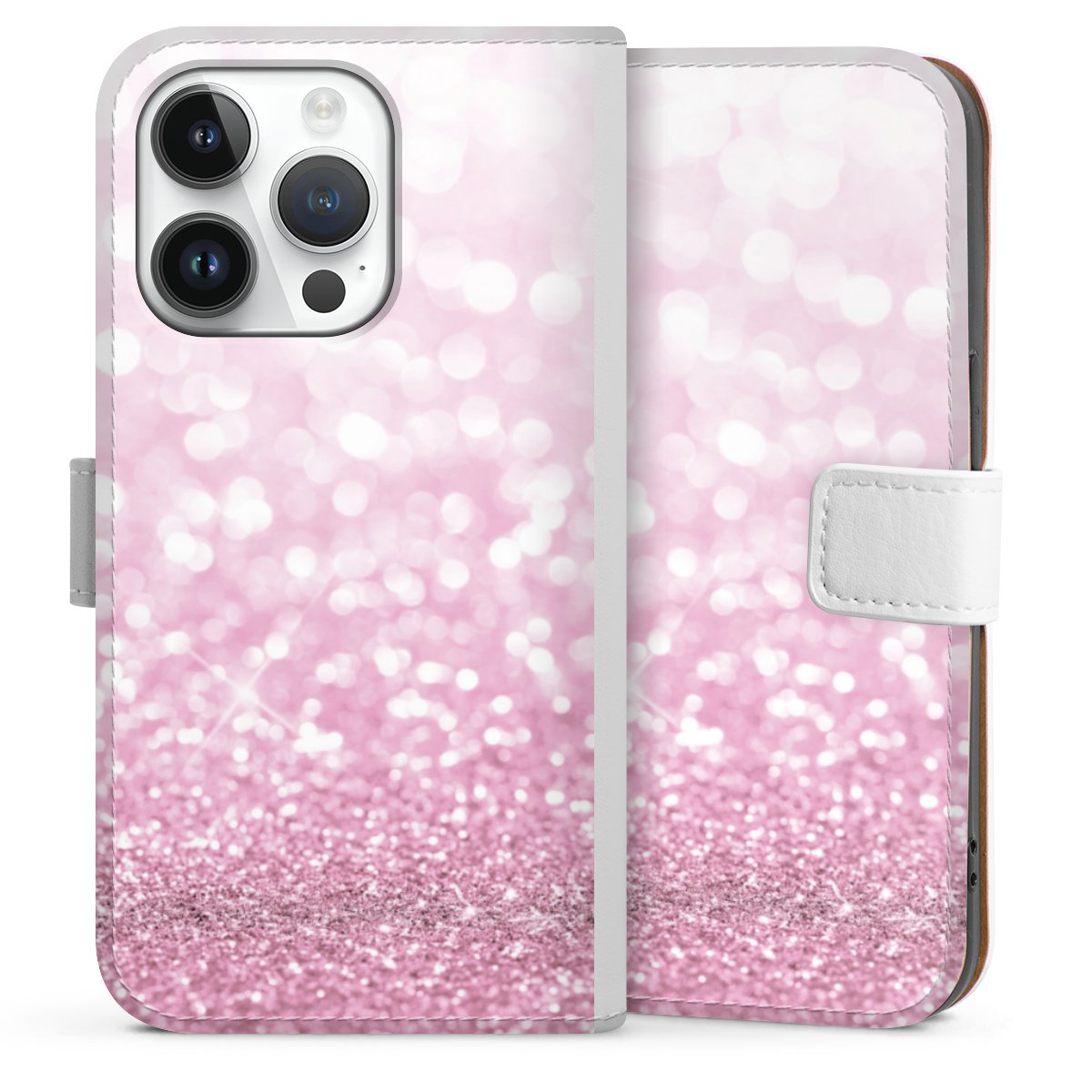 iPhone 14 Pro Handy Klapphülle Handyhülle aus Kunst Leder weiß Flip Case Glitzer Pink Shine Sideflip mit Lasche