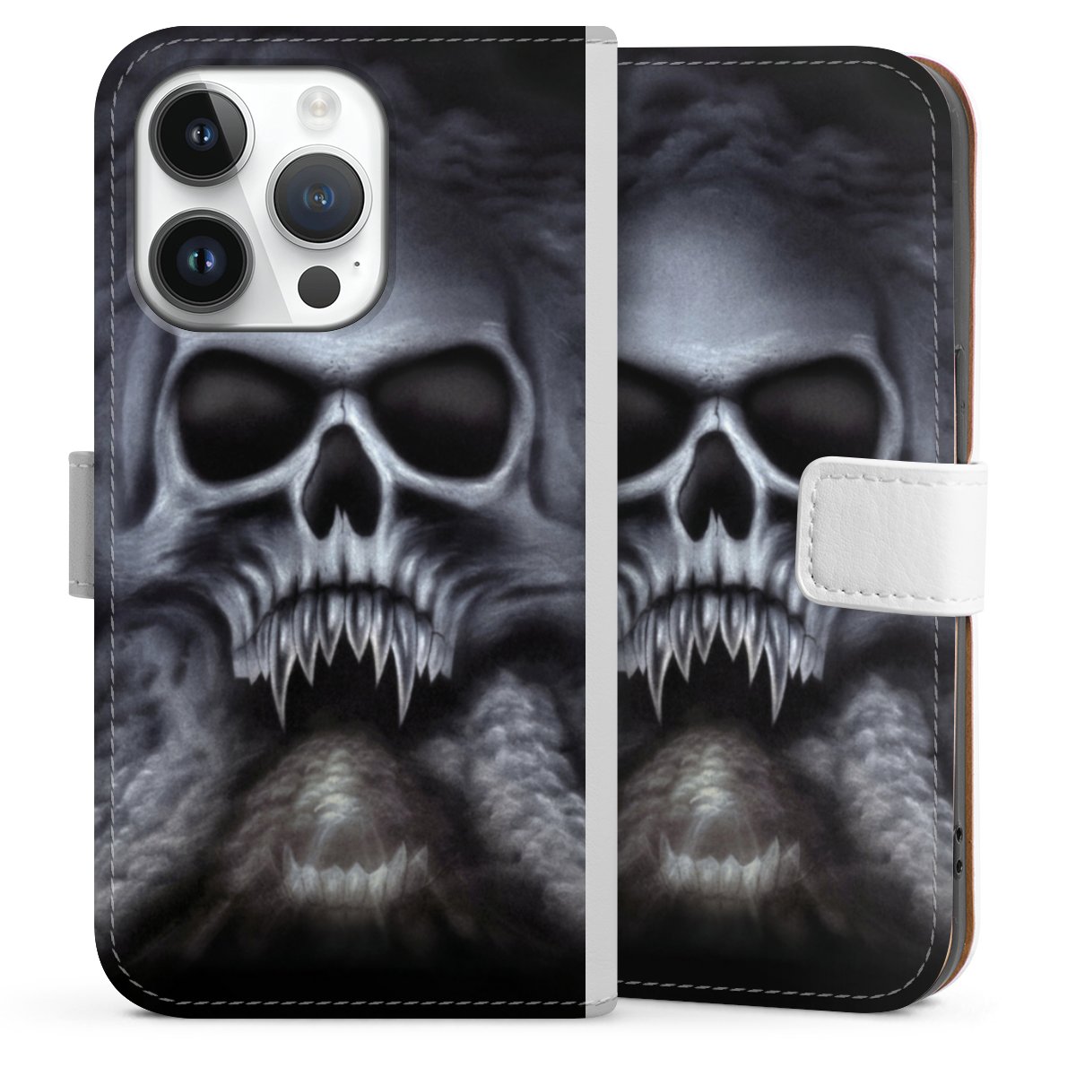 iPhone 14 Pro Handy Klapphülle Handyhülle aus Kunst Leder weiß Flip Case Totenkopf Skull Sideflip mit Lasche