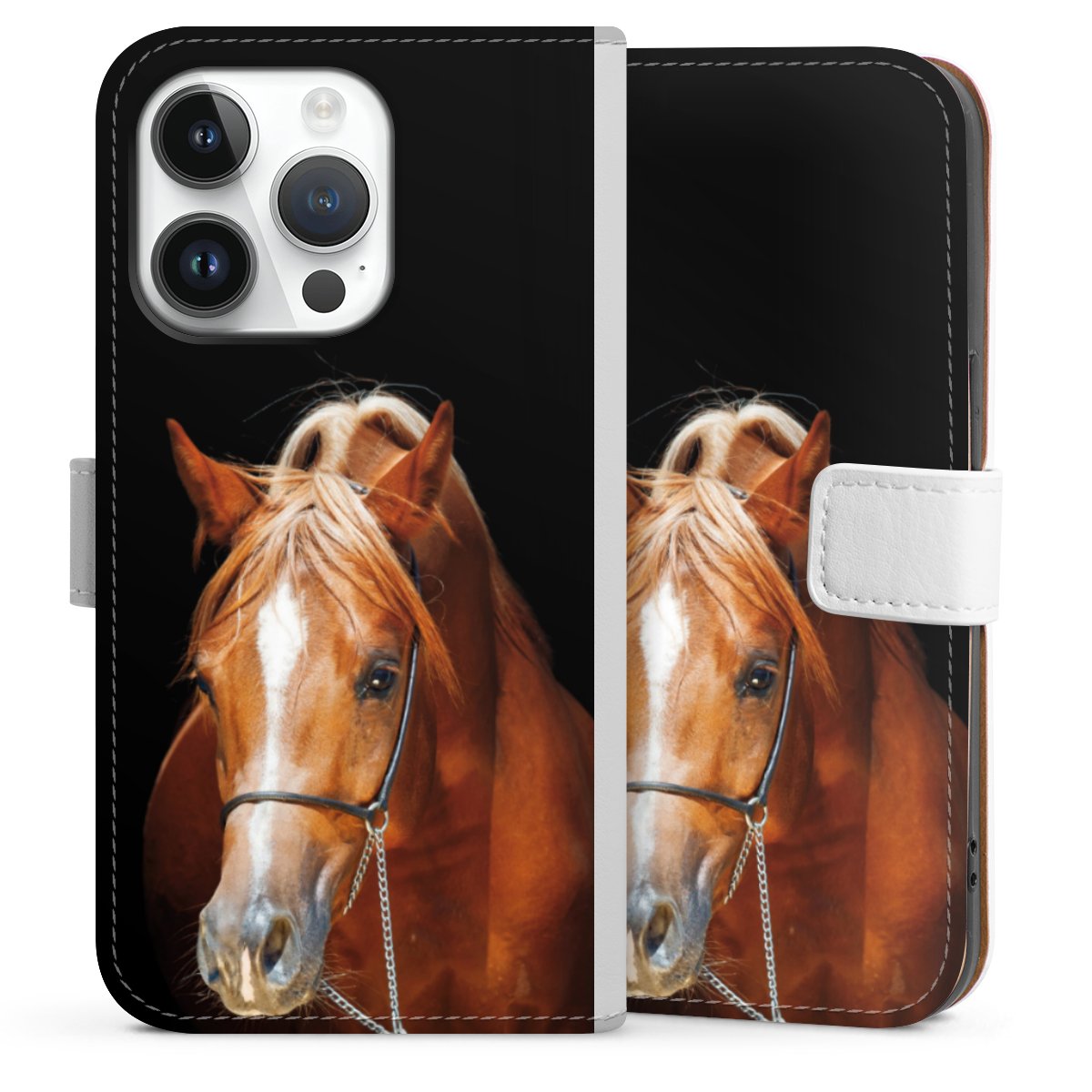 iPhone 14 Pro Handy Klapphülle Handyhülle aus Kunst Leder weiß Flip Case Mare Horse Hobby Sideflip mit Lasche