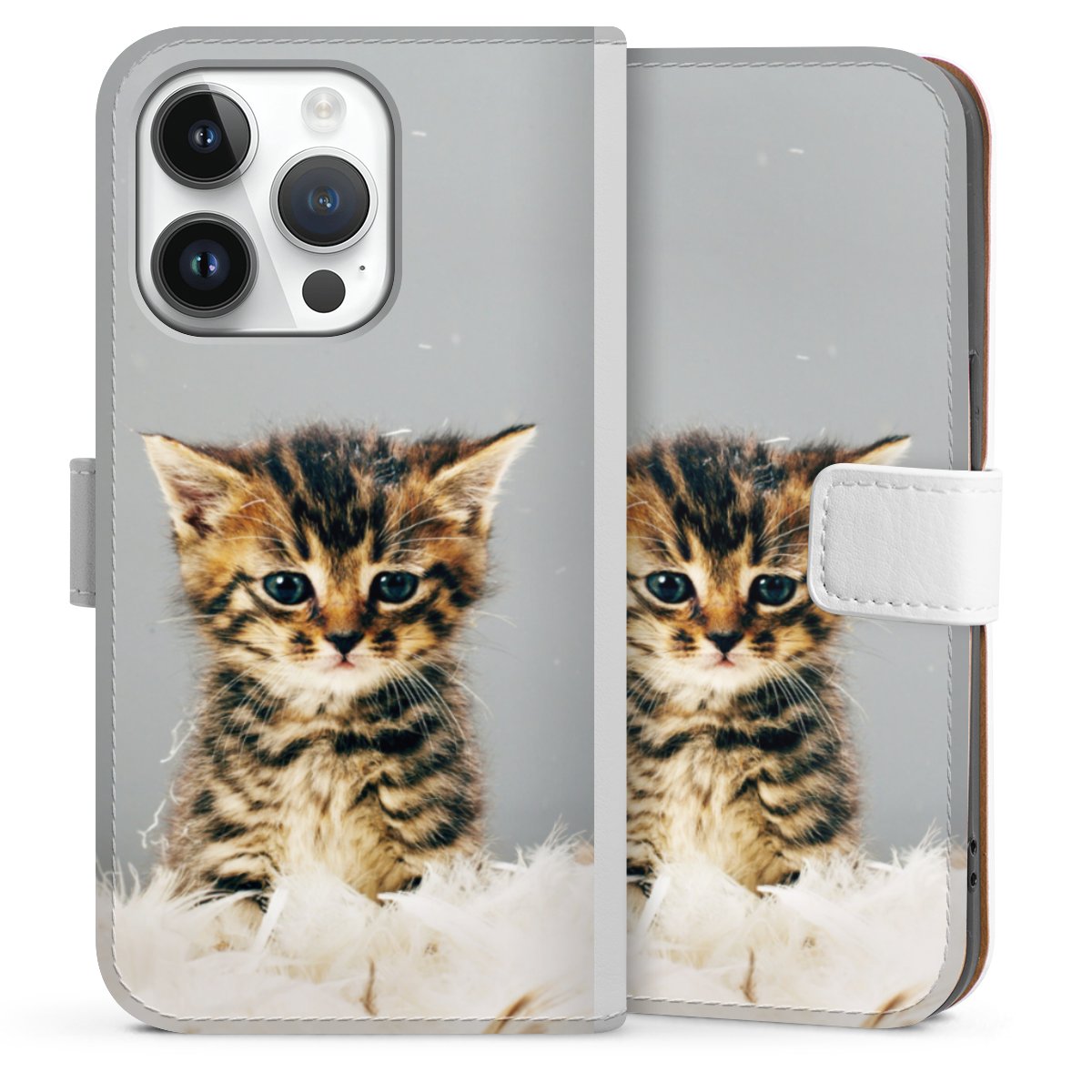 iPhone 14 Pro Handy Klapphülle Handyhülle aus Kunst Leder weiß Flip Case Cat Feather Pet Sideflip mit Lasche