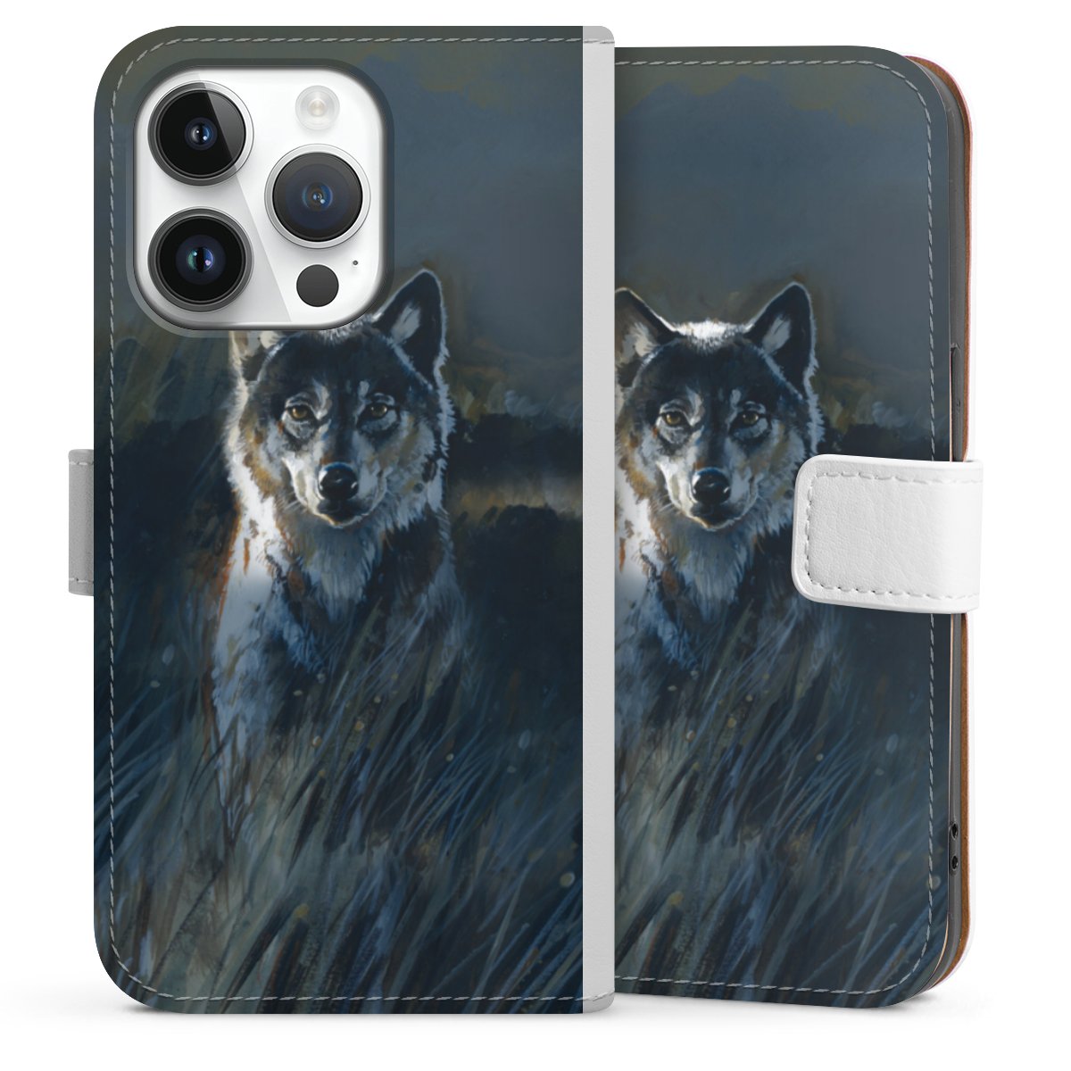 iPhone 14 Pro Handy Klapphülle Handyhülle aus Kunst Leder weiß Flip Case Nature Wolf Painting Sideflip mit Lasche