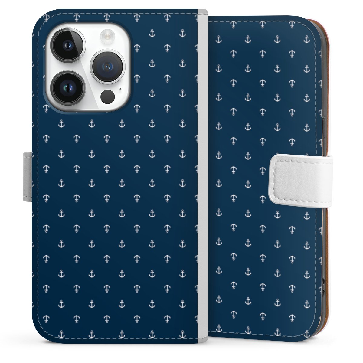 iPhone 14 Pro Handy Klapphülle Handyhülle aus Kunst Leder weiß Flip Case Muster Anchor Sail Sideflip mit Lasche