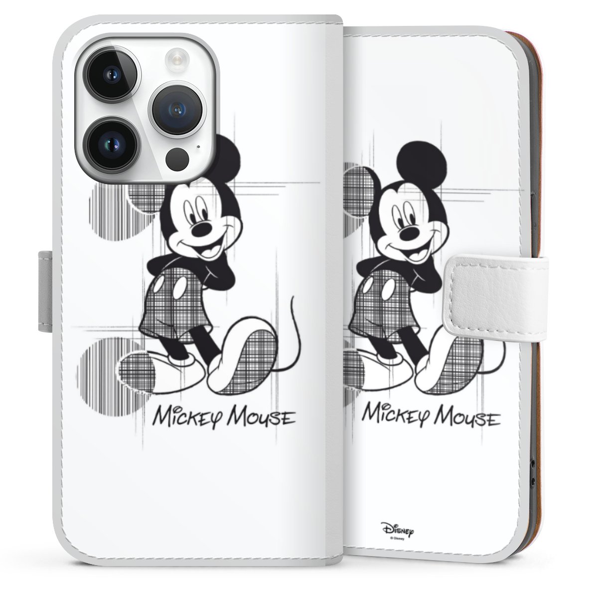 iPhone 14 Pro Handy Klapphülle Handyhülle aus Kunst Leder weiß Flip Case Disney Official Licensed Product Mickey Mouse Sideflip mit Lasche