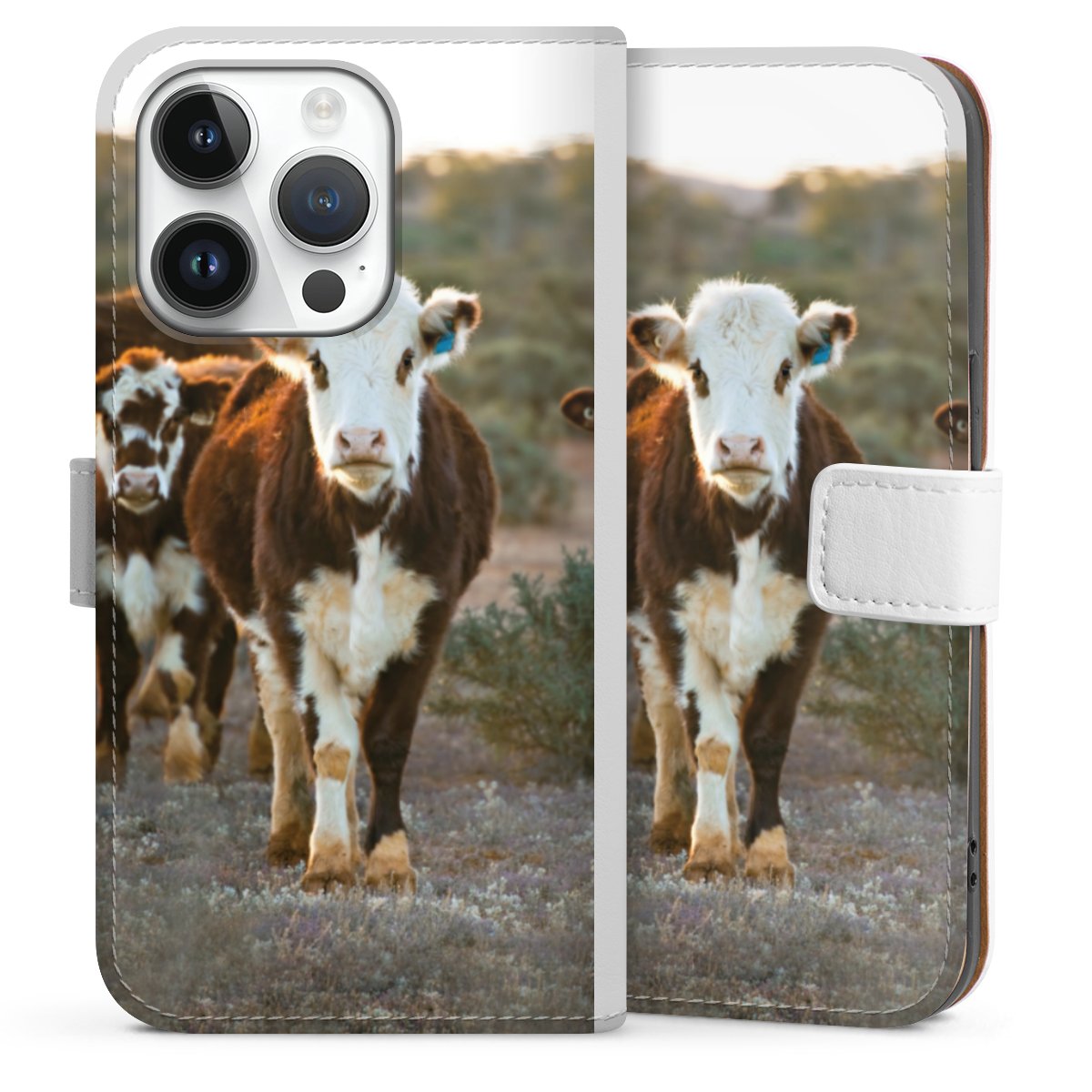 iPhone 14 Pro Handy Klapphülle Handyhülle aus Kunst Leder weiß Flip Case Cow Farmer Calf Sideflip mit Lasche