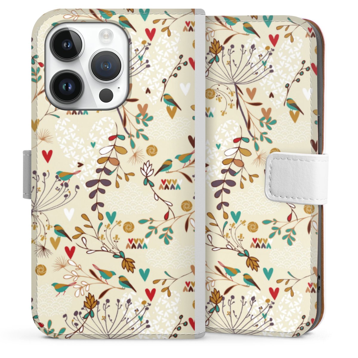 iPhone 14 Pro Handy Klapphülle Handyhülle aus Kunst Leder weiß Flip Case Bird Flowers Retro Sideflip mit Lasche