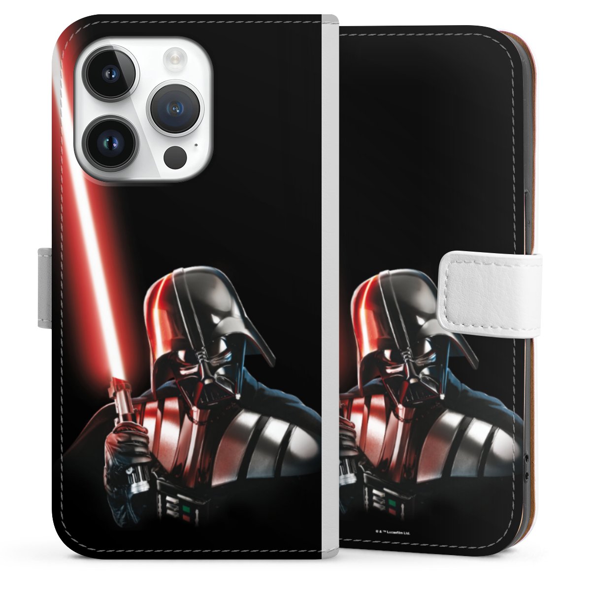 iPhone 14 Pro Handy Klapphülle Handyhülle aus Kunst Leder weiß Flip Case Star Wars Merchandise Darth Vader Sideflip mit Lasche