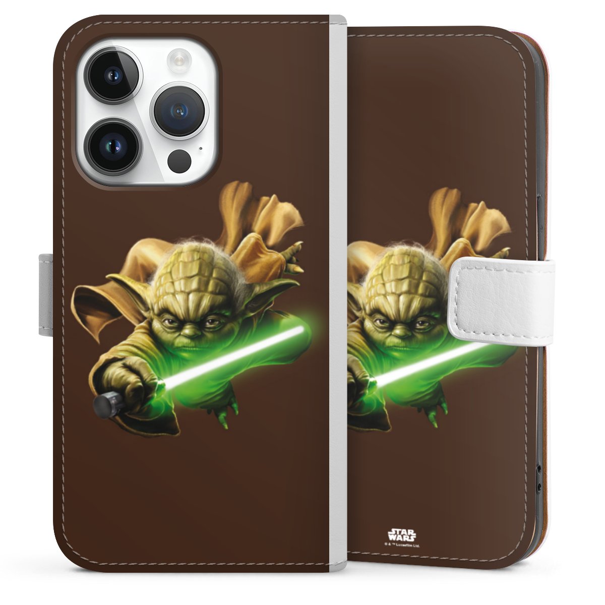 iPhone 14 Pro Handy Klapphülle Handyhülle aus Kunst Leder weiß Flip Case Yoda Merchandise Star Wars Sideflip mit Lasche